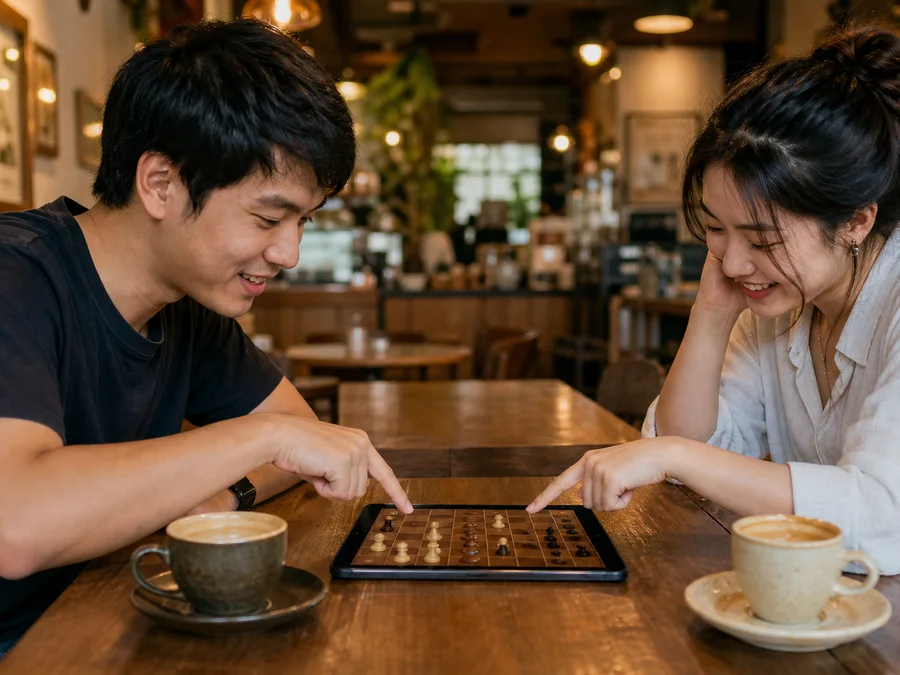 Two players sharing one device for a face-to-face makruk game